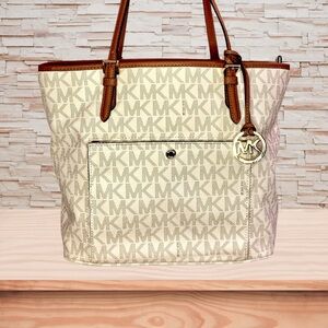 Michael Kors Signature Cream and Tan Pocket Tote